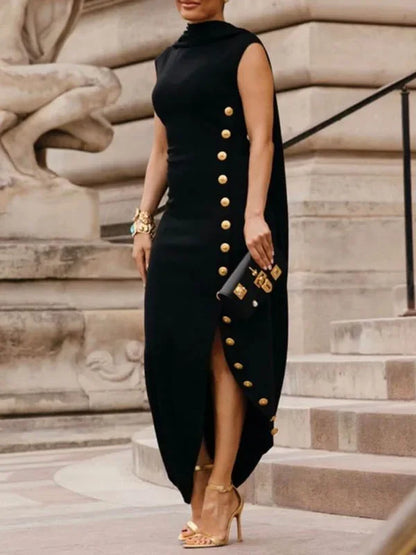 Freeacy Classy Party Dresses for Women Shawl Collar Sleeveless Side-Buttoned Split-side Maxi Dress Elegant Evening Dress