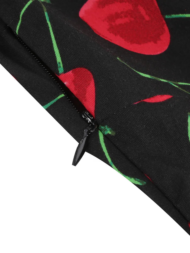 Tonval Sweetheart Neck High Waist Cherry Vintage 50s Midi Dress Short Sleeve Backless Women Tie Back Cotton Rockabilly Dresses