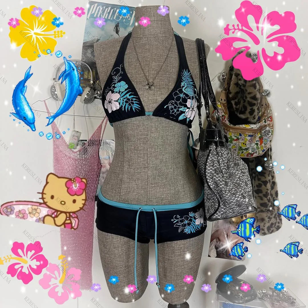 Vintage Flower print Cutie 2 set Bikini 2000s Swimsuit Sexy Women Bathing Fashion Halter Strap Swimwear High Street Beach Female