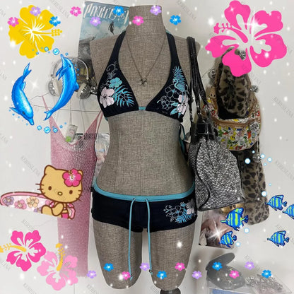 Vintage Flower print Cutie 2 set Bikini 2000s Swimsuit Sexy Women Bathing Fashion Halter Strap Swimwear High Street Beach Female