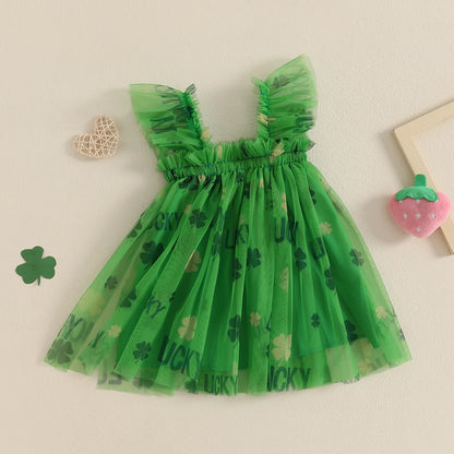 MISOWMNJOY Summer Baby Girls Chiffon Dresses Princess Sleeveless Clover Strawberry Print A-line Dress Mesh Tulle Kids Sundress
