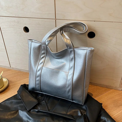 Simple Large Capacity Tote Bags for Women Retro Pu Leather Ladies Shoulder Bag Commuter Portable Girls Student Underarm Handbag