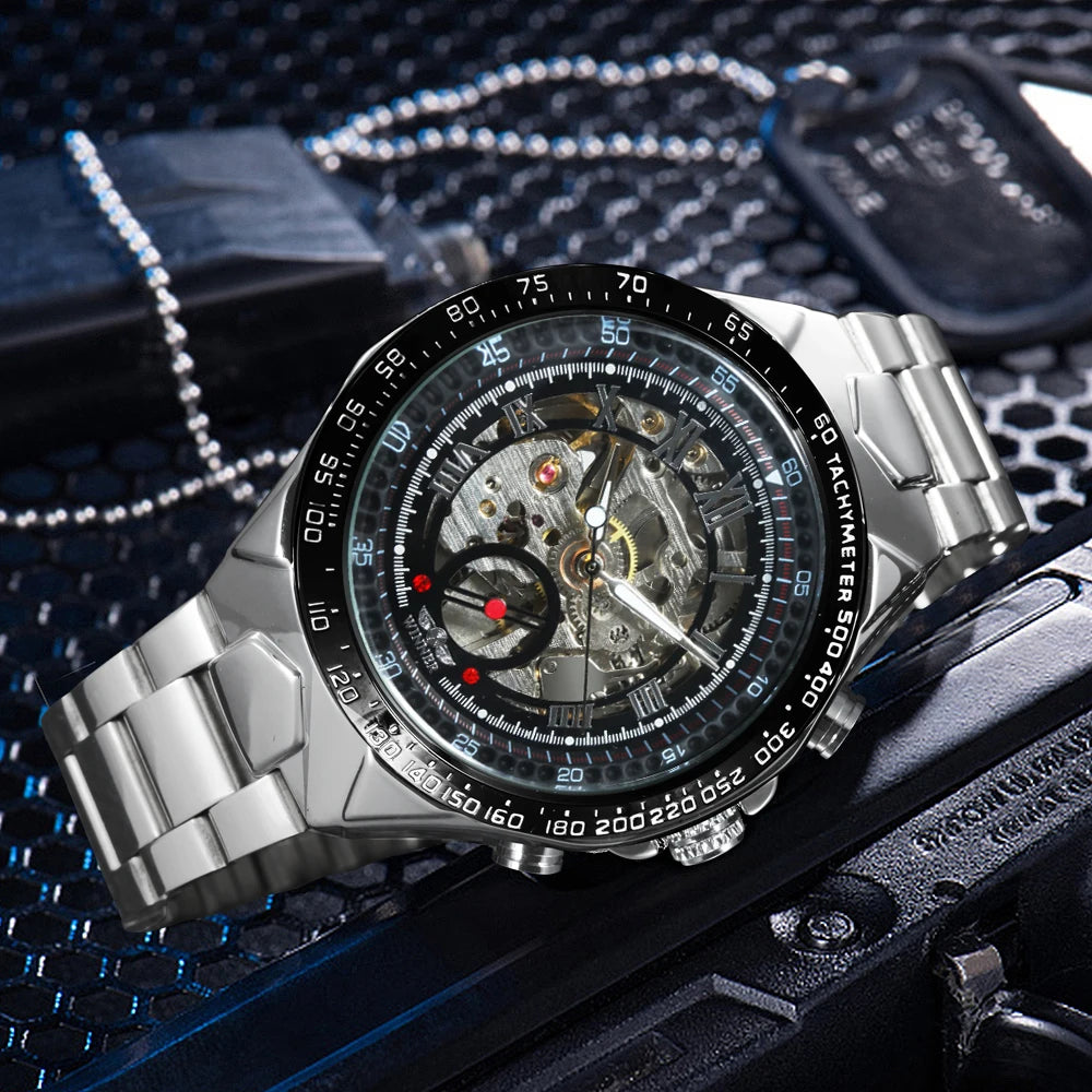 WINNER Gold Transparent Skeleton Automatic Watch for Men Luminous Pointers Luxury Brand Stainless Steel Strap Mechanical Watches