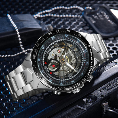 WINNER Gold Transparent Skeleton Automatic Watch for Men Luminous Pointers Luxury Brand Stainless Steel Strap Mechanical Watches