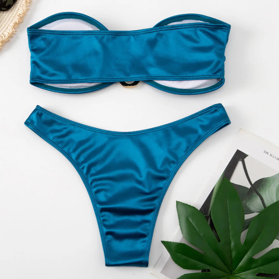 New Sexy Bandeau Strapless Bikini Female Swimsuit Women Swimwear Two-pieces Bikini set Padded Bather Bathing Suit Swim V4647D