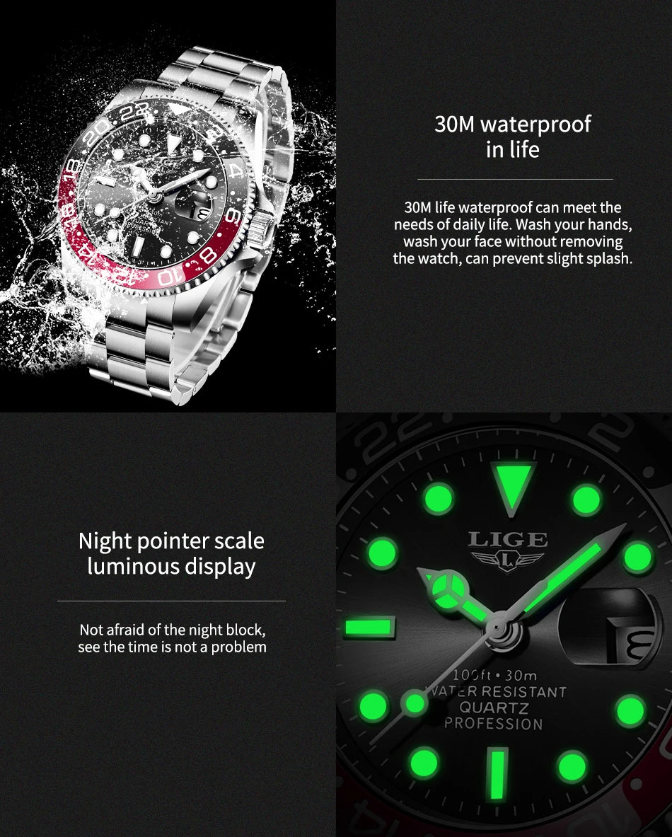 LIGE Top Brand Fashion Mens Watch Business Luxury Quartz Wristwatches Luminous Waterproof Sports Watches Mens Gifts Reloj Hombre