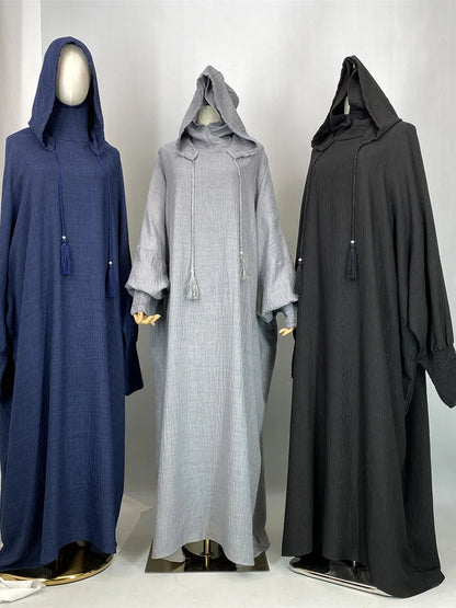 Hot Seller Ramadan Islamic Clothing Wrinkle Polyester Hoodie Abaya Dress With Undercap Muslim Women Abaya Hoodie Causal Dresses
