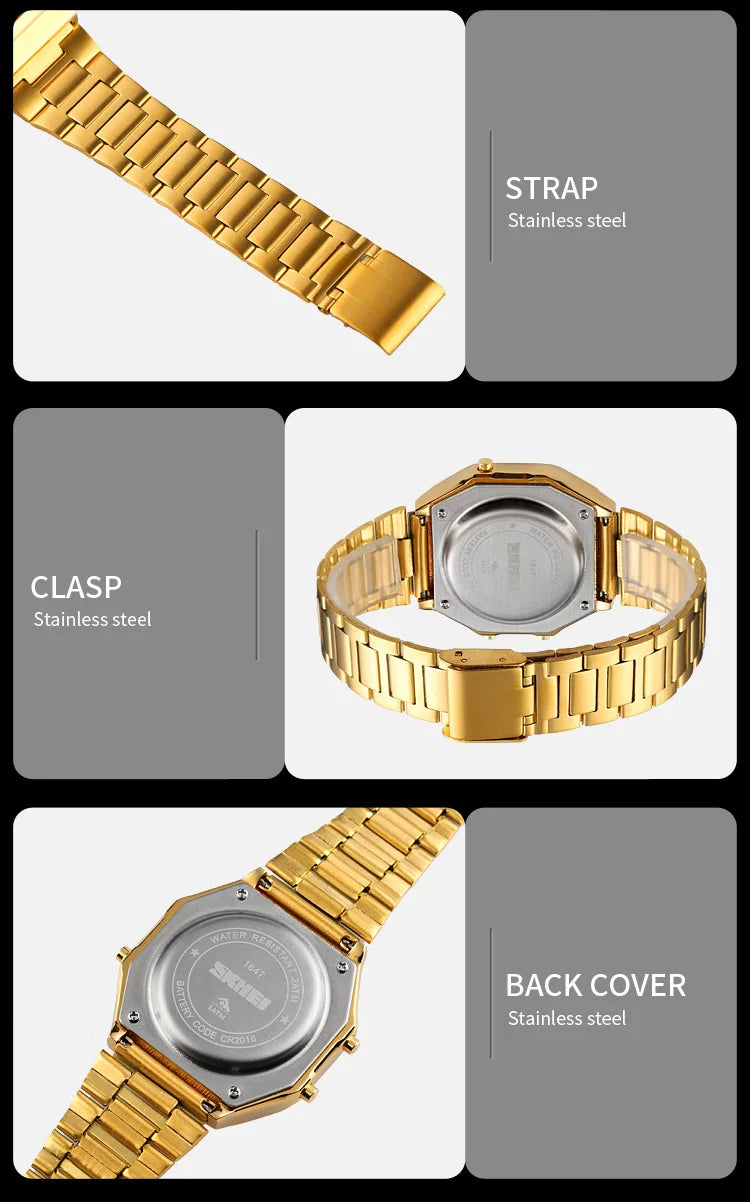 SKMEI 1647 Casual Simple Mens Wristwatches Stainless Steel Band Waterproof Watch Men reloj hombre Retro LED Digital Male Watches