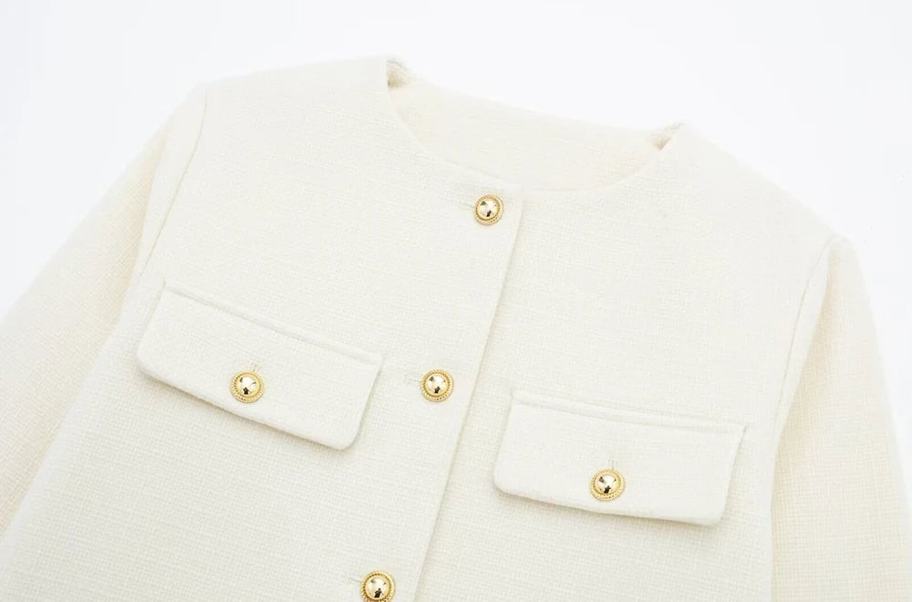 Women's Golden Button Jacket Coat, O Neck, Long Sleeve, Female Outerwear, Chic Tops, Fashion
