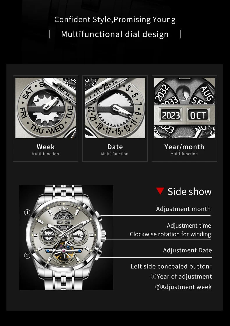 OUPINKE 3251 Men's Watches Flywheel Automatic Mechanical Original Wristwatch for Man Waterproof Luminous Perpetual Dual Calendar