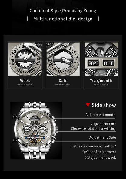 OUPINKE 3251 Men's Watches Flywheel Automatic Mechanical Original Wristwatch for Man Waterproof Luminous Perpetual Dual Calendar