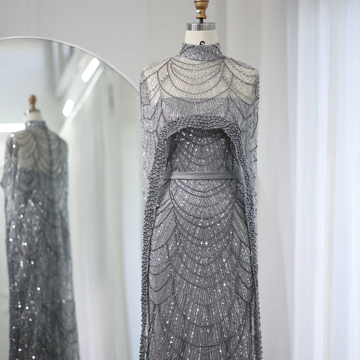 Sharon Said Luxury Pearls Dubai Champagne Evening Dresses with Cape New Arabic Women Mermaid Wedding Party Prom Dress SS369