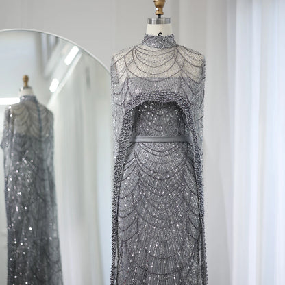 Sharon Said Luxury Pearls Dubai Champagne Evening Dresses with Cape New Arabic Women Mermaid Wedding Party Prom Dress SS369