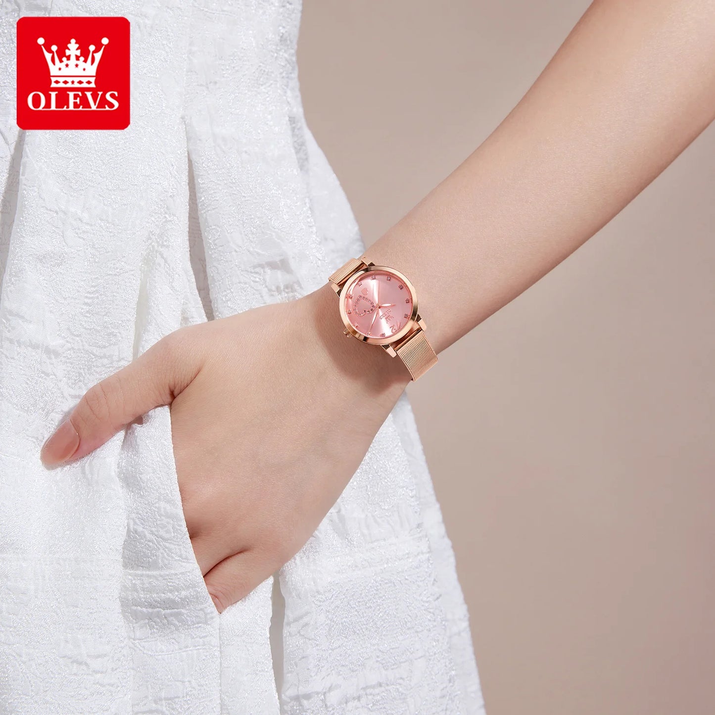 OLEVS 5189 Quartz Watch for Women Diamond Love Heart Design Fashion Elegant Rose Gold Mesh Steel Strap Waterproof Ladies Watches