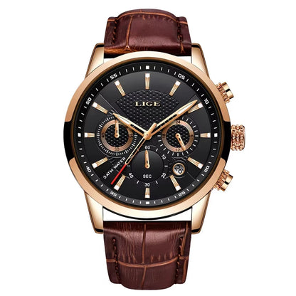 LIGE Mens Watches Luxury Waterproof Sport Man Watch Chronograph Military Genuine Leather Men Quartz Wristwatch Relogio Masculino
