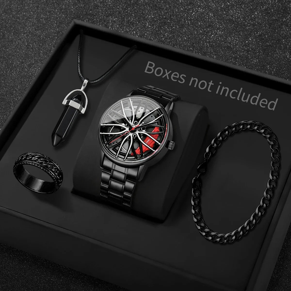 4PCS/Set Fashion 3d Car Wheel Dial Men Sports Watches Luxury Stainless Steel Quartz Watch Jewelry Set Reloj Hombre (Without Box)