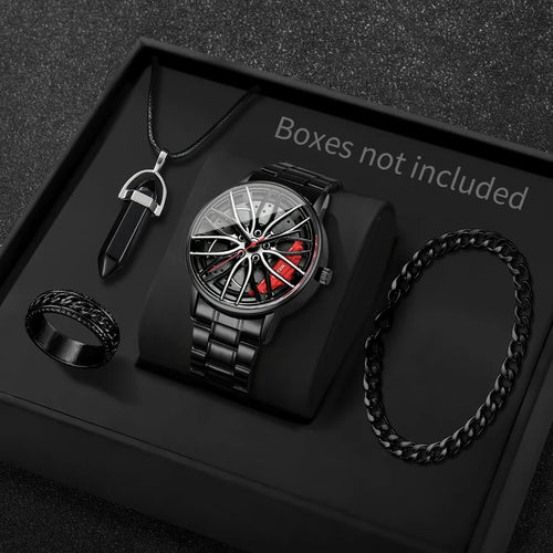4PCS/Set Fashion 3d Car Wheel Dial Men Sports Watches Luxury Stainless Steel Quartz Watch Jewelry Set Reloj Hombre (Without Box)