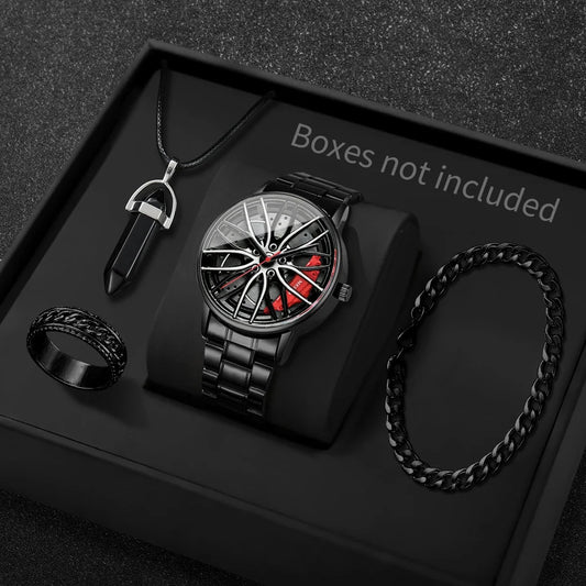 4PCS/Set Fashion 3d Car Wheel Dial Men Sports Watches Luxury Stainless Steel Quartz Watch Jewelry Set Reloj Hombre (Without Box)