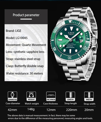 LIGE Top Luxury Watches For Men Fashion 30M Waterproof Luminous Date Quartz Wristwatches Casual Business Mens Watch Roloj Hombre