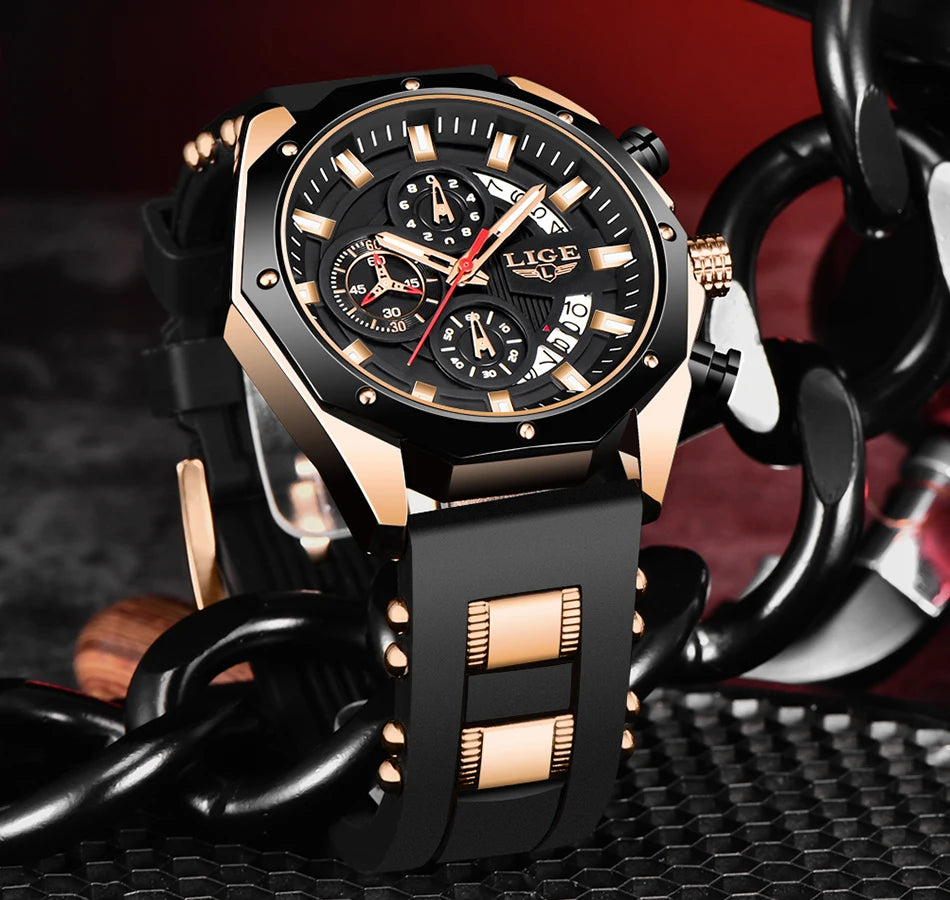 LIGE Fashion Men Watches Top Brand Luxury Silicone Sport Watch Men Quartz Date Clock Waterproof Wristwatch Chronograph Clock Man