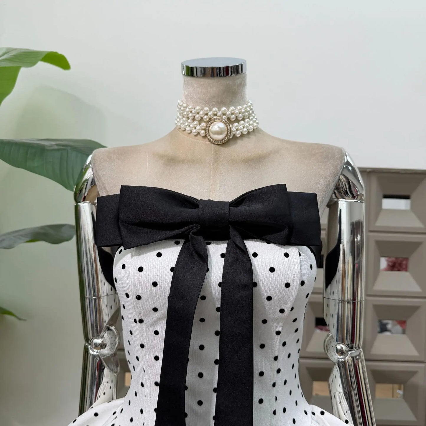 Women Sexy Strapless Backless Polka Dot Bow A Line Dress Party Birthday Evening Ball Gowns Nightclub Show Wear Fashion Vestido