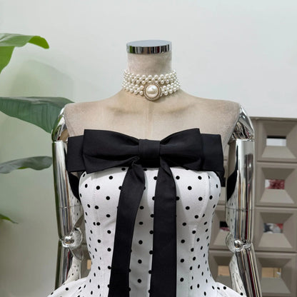 Women Sexy Strapless Backless Polka Dot Bow A Line Dress Party Birthday Evening Ball Gowns Nightclub Show Wear Fashion Vestido
