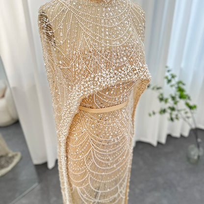 Sharon Said Luxury Pearls Dubai Champagne Evening Dresses with Cape New Arabic Women Mermaid Wedding Party Prom Dress SS369
