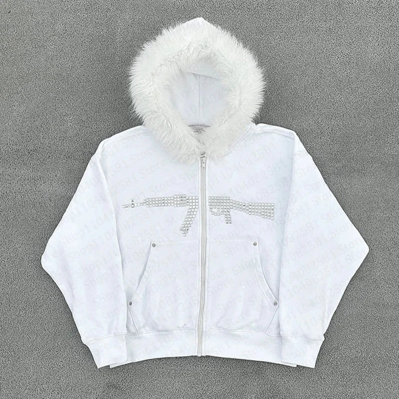 Fur collar cardigan zipper hooded jacket autumn and winter punk hip-hop rock dark style rock fashion all-match Y2K retro jacket
