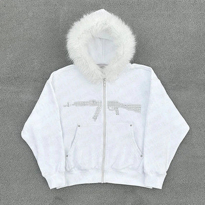 Fur collar cardigan zipper hooded jacket autumn and winter punk hip-hop rock dark style rock fashion all-match Y2K retro jacket