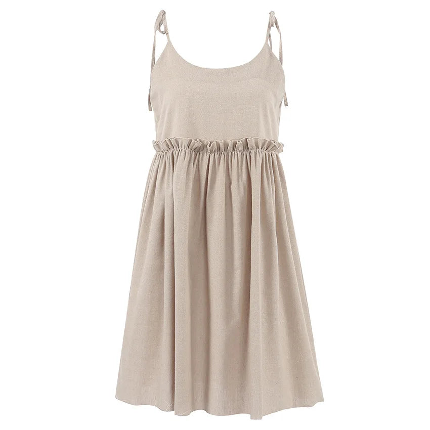 Solid Color Leace-up Spaghetti Strap Dresses Women Fashion Folds A-line Mini Dress Temperament Lady Commuting Short Vestidos New