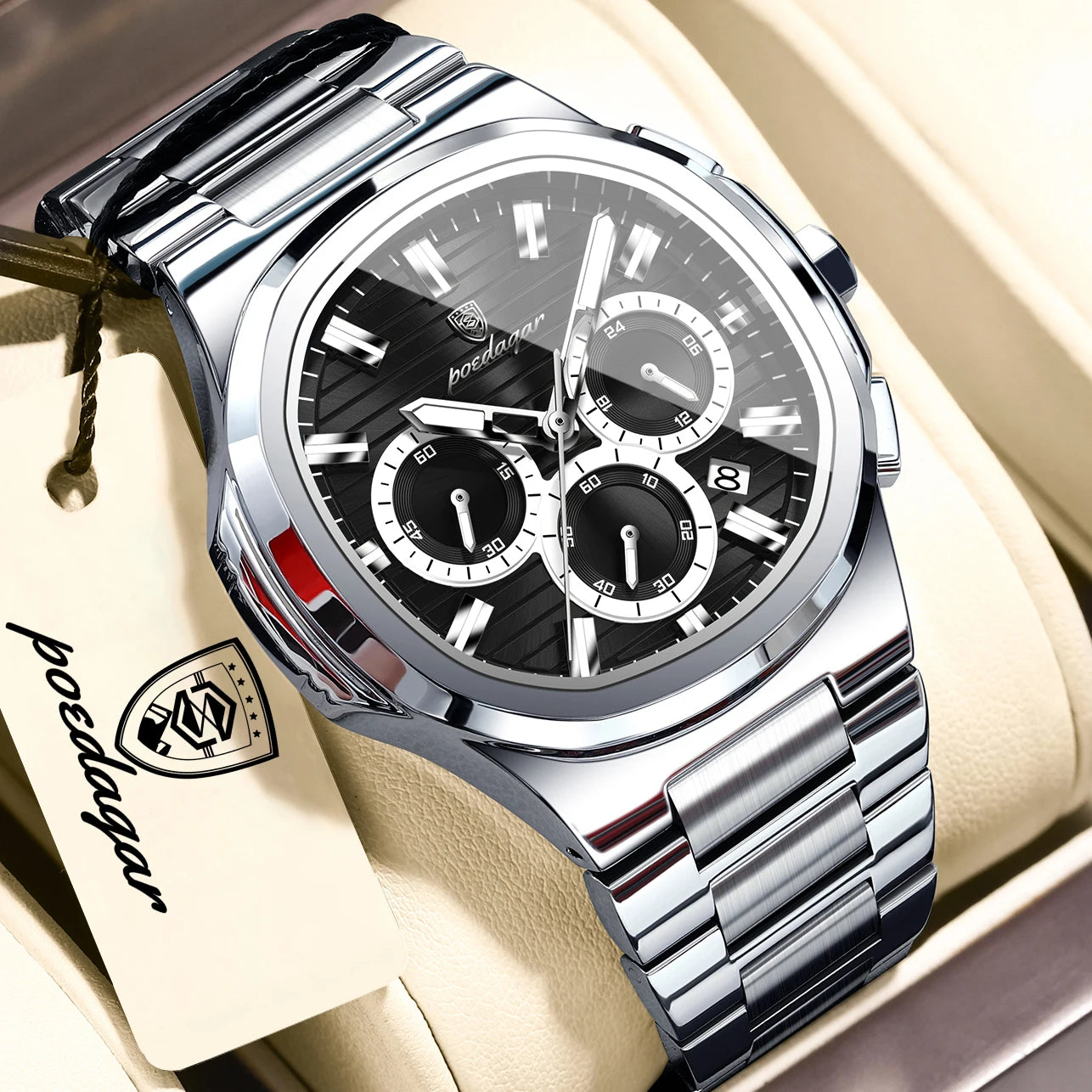 POEDAGAR Business Male Clock Date Chronograph Waterproof Luminous Luxury Men Watch Stainless Steel Quartz Fashion Men's Watches