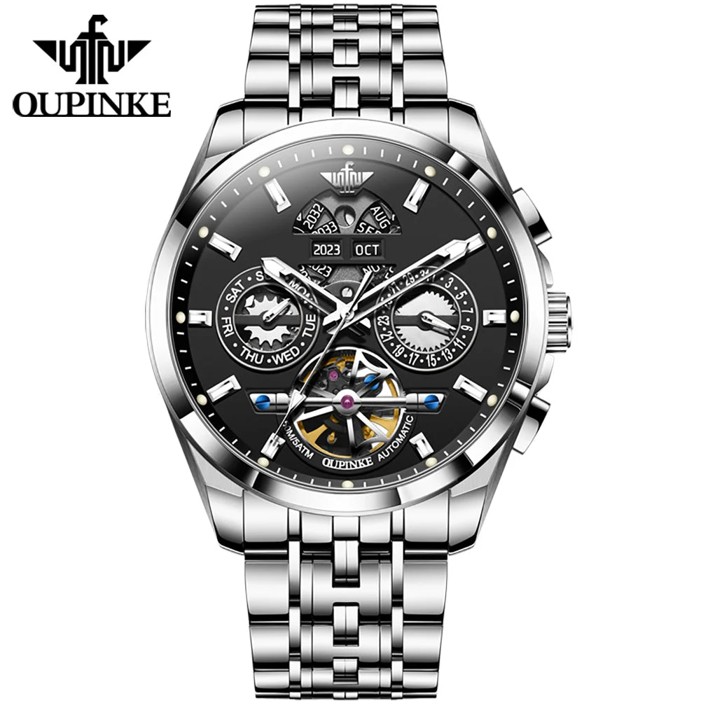 OUPINKE 3251 Men's Watches Flywheel Automatic Mechanical Original Wristwatch for Man Waterproof Luminous Perpetual Dual Calendar