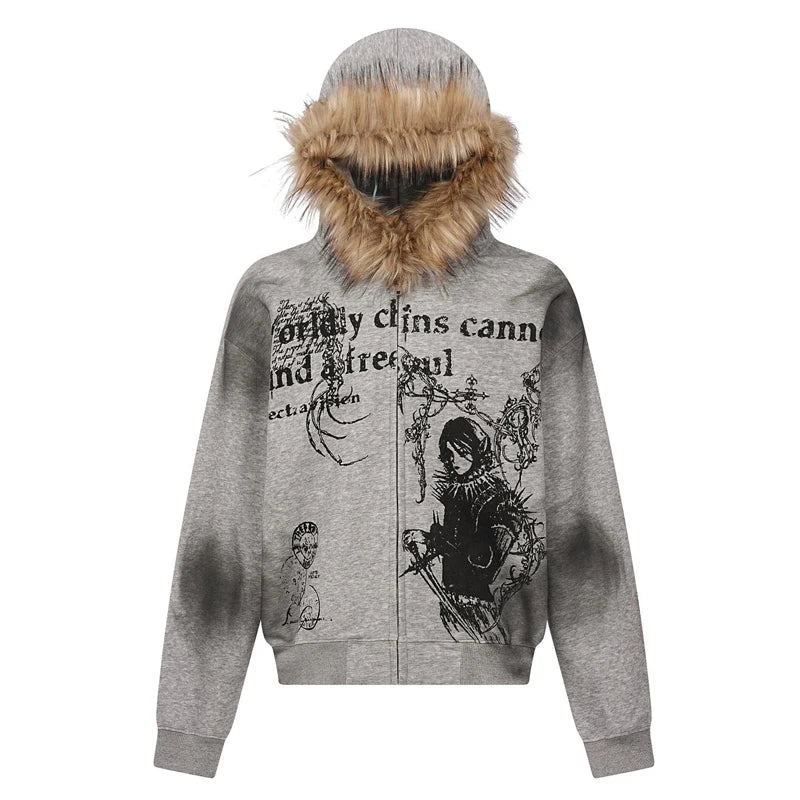 Fur collar cardigan zipper hooded jacket autumn and winter punk hip-hop rock dark style rock fashion all-match Y2K retro jacket