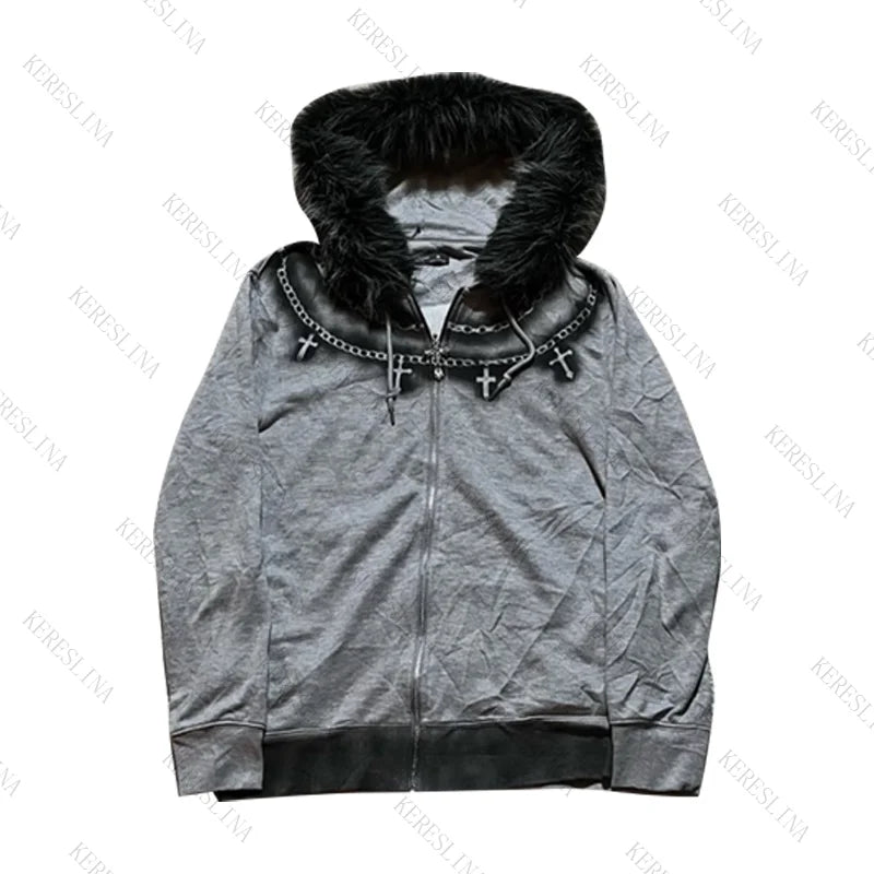 Fur collar cardigan zipper hooded jacket autumn and winter punk hip-hop rock dark style rock fashion all-match Y2K retro jacket