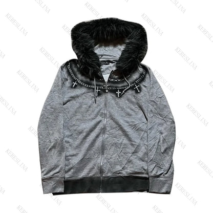 Fur collar cardigan zipper hooded jacket autumn and winter punk hip-hop rock dark style rock fashion all-match Y2K retro jacket