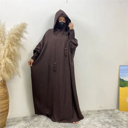 Hot Seller Ramadan Islamic Clothing Wrinkle Polyester Hoodie Abaya Dress With Undercap Muslim Women Abaya Hoodie Causal Dresses