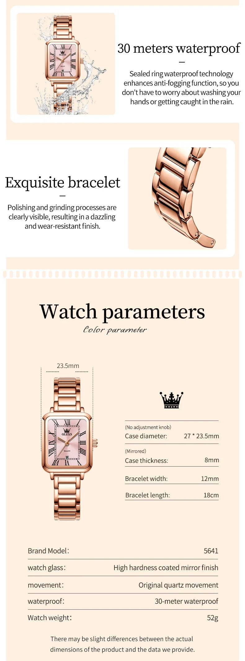 OLEVS 5641 Ladies Watch Fashion Luxury Original  Square Quartz Watch Waterproof Luminous Automatic Date Watches For Woman Gifts