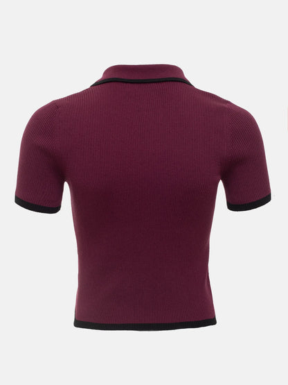 Tossy Knit Sweater Pullover Women Short Sleeve Patchwork Slim Lapel Elegant Contrast Knitwear Top Female Skinny Ribbed Pullover