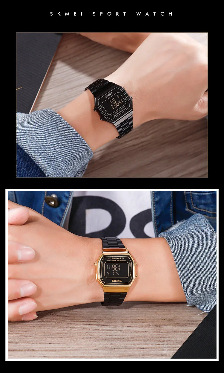 SKMEI 1647 Casual Simple Mens Wristwatches Stainless Steel Band Waterproof Watch Men reloj hombre Retro LED Digital Male Watches