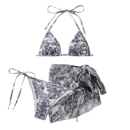 Women's 3 Piece Ink Wash Tie Dye Bikini Set With Sheer Sunscreen Poncho Swimsuit Thong Biquinis Sports Beachwear