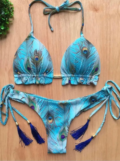 RUOTONGSEPT Sexy Micro Bikinis Set 2024 New Swimsuit Women Feather Print Bandage Swimwear Female Bathing Suit Brazilian Biquinis