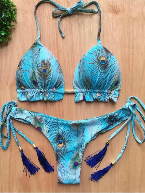 RUOTONGSEPT Sexy Micro Bikinis Set 2024 New Swimsuit Women Feather Print Bandage Swimwear Female Bathing Suit Brazilian Biquinis