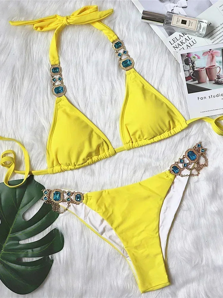 2026 Shiny Rhinestone Diamond Bikini Women Swimsuit Female Swimwear Two Pieces Bikini Set Halter Metal Chains Bathing Suit Swim