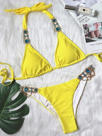2026 Shiny Rhinestone Diamond Bikini Women Swimsuit Female Swimwear Two Pieces Bikini Set Halter Metal Chains Bathing Suit Swim