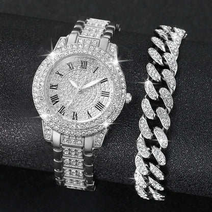 2PCS Women's Watch Fashion Diamond Gold Watch Ladies Wrist Watches Luxury Rhinestone Womens Bracelet Watches Relogio Feminino