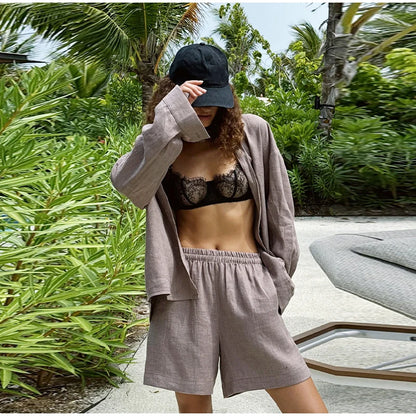 Casual Cotton Linen Pants Suit Women Solid Cozy Lapel Single Breasted Shirt Elastic Waist Wide Leg Pant 2026 Summer Loose Outfit