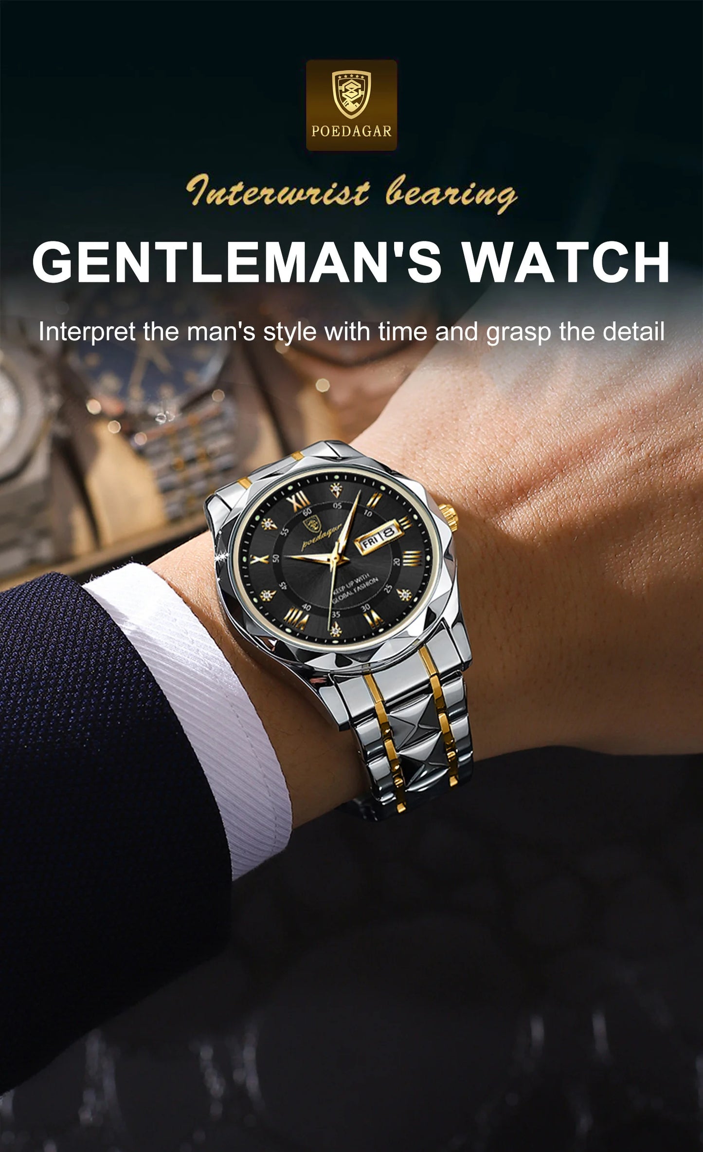 POEDAGAR Top Classic Men's Quartz Watches Waterproof Luminous Stainless Steel Man Wristwatch Date Week Original Men Watch Reloj