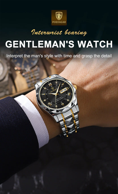 POEDAGAR Top Classic Men's Quartz Watches Waterproof Luminous Stainless Steel Man Wristwatch Date Week Original Men Watch Reloj