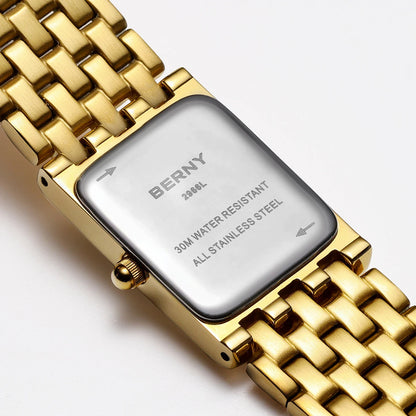 BERNY Luxury Women's Watches Fashion Ladies Square Casual Golden Quartz Watch Solid Stainless Steel Rectangle Girls Wristwatch