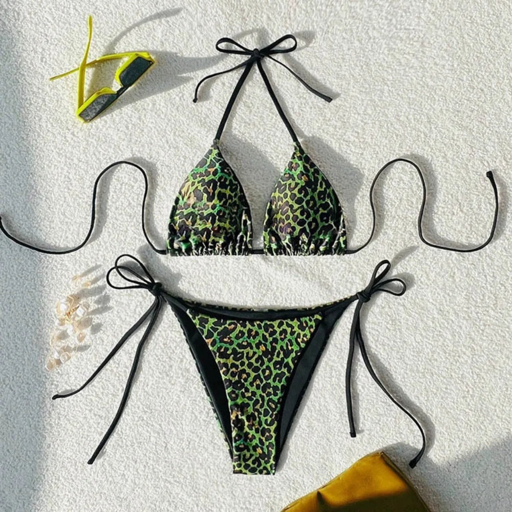 Sexy Leopard Print Two Piece Swimsuit Set Triangle Bra Suspender Halter Backless Bikini Set Beach Vacation Lace-up Swimwear 2025